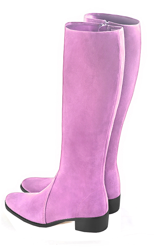 Mauve purple women's riding knee-high boots. Round toe. Low leather soles. Made to measure. Rear view - Florence KOOIJMAN